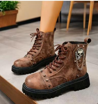 Gothic Skull Boots - Stoere Enkellaarzen met Kettingen, Verzenden, Nieuw, Bruin