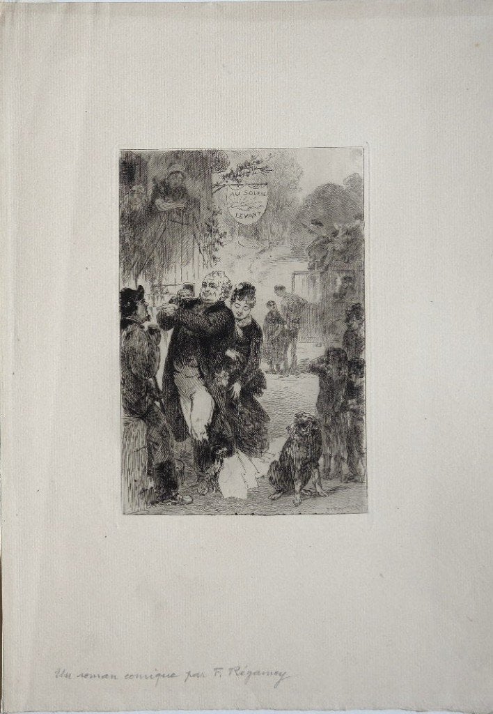 Frédéric Régamey ets "Au Soleil Levant" met potlood getiteld, Ophalen, Dagelijks leven, Ets, Origineel