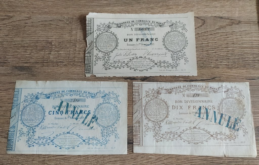 1+5+10 Francs 1870 Mans (Chambre de commerce) - Noodgeld, Enlèvement ou Envoi, France, Série