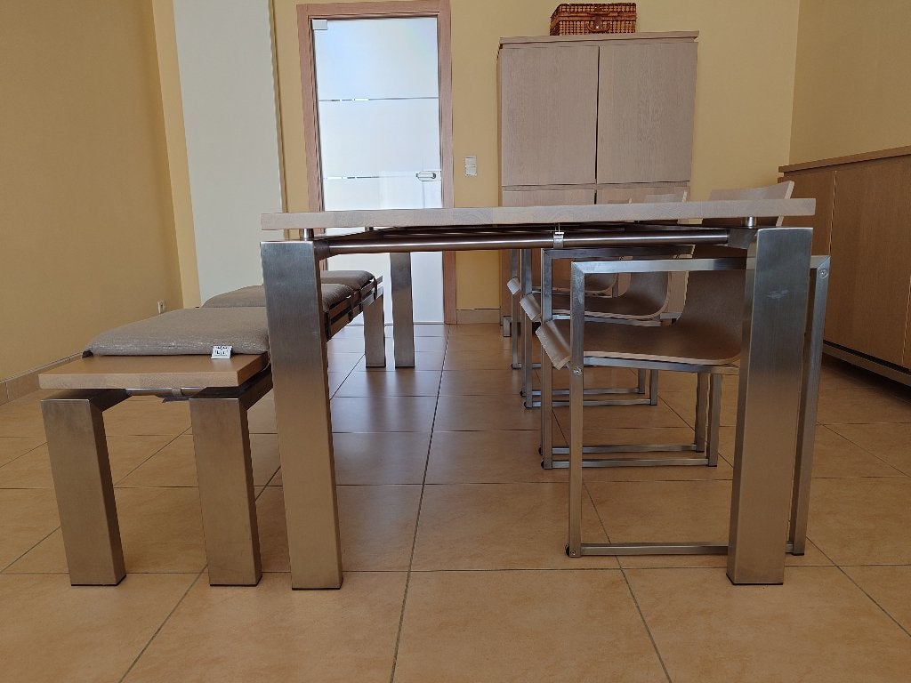 Tafel + zitbank in eik/inox + 3 stoelen, Ophalen, Eikenhout, 50 tot 100 cm, Zo goed als nieuw