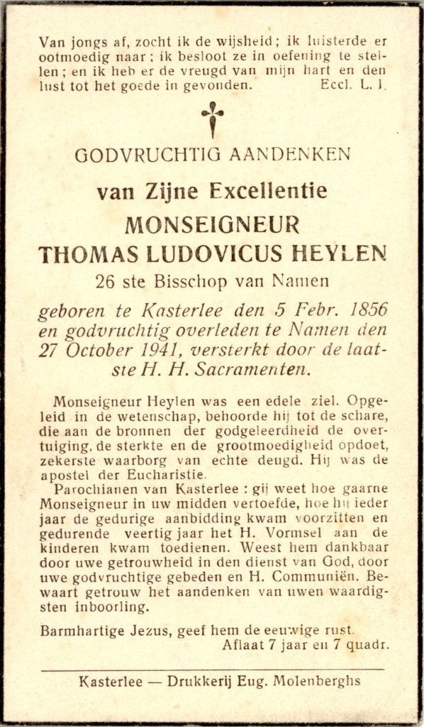 Bisschop. Heylen Thomas. ° Kasterlee 1856 † Namen 1941, Ophalen of Verzenden, Bidprentje