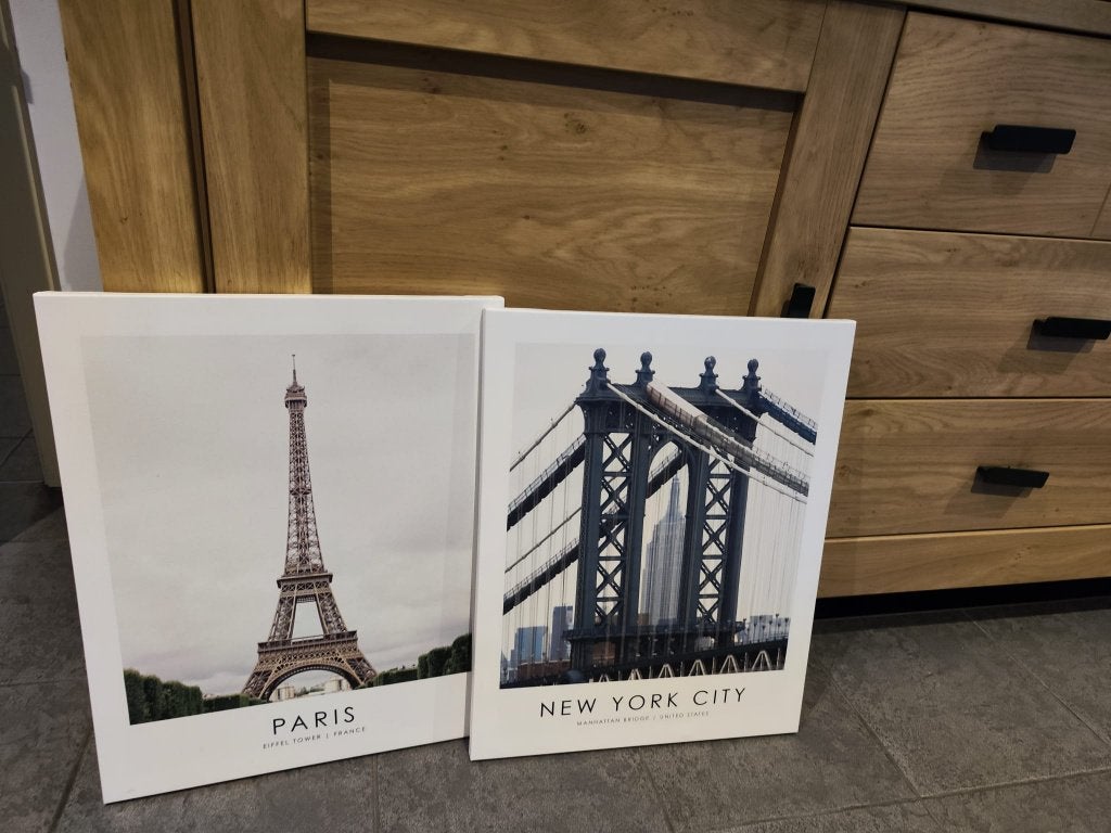 canvas, Eiffeltoren Parijs & Manhattan Bridge New York, 40 cm, Objet de décoration, Multicolore, Comme neuf