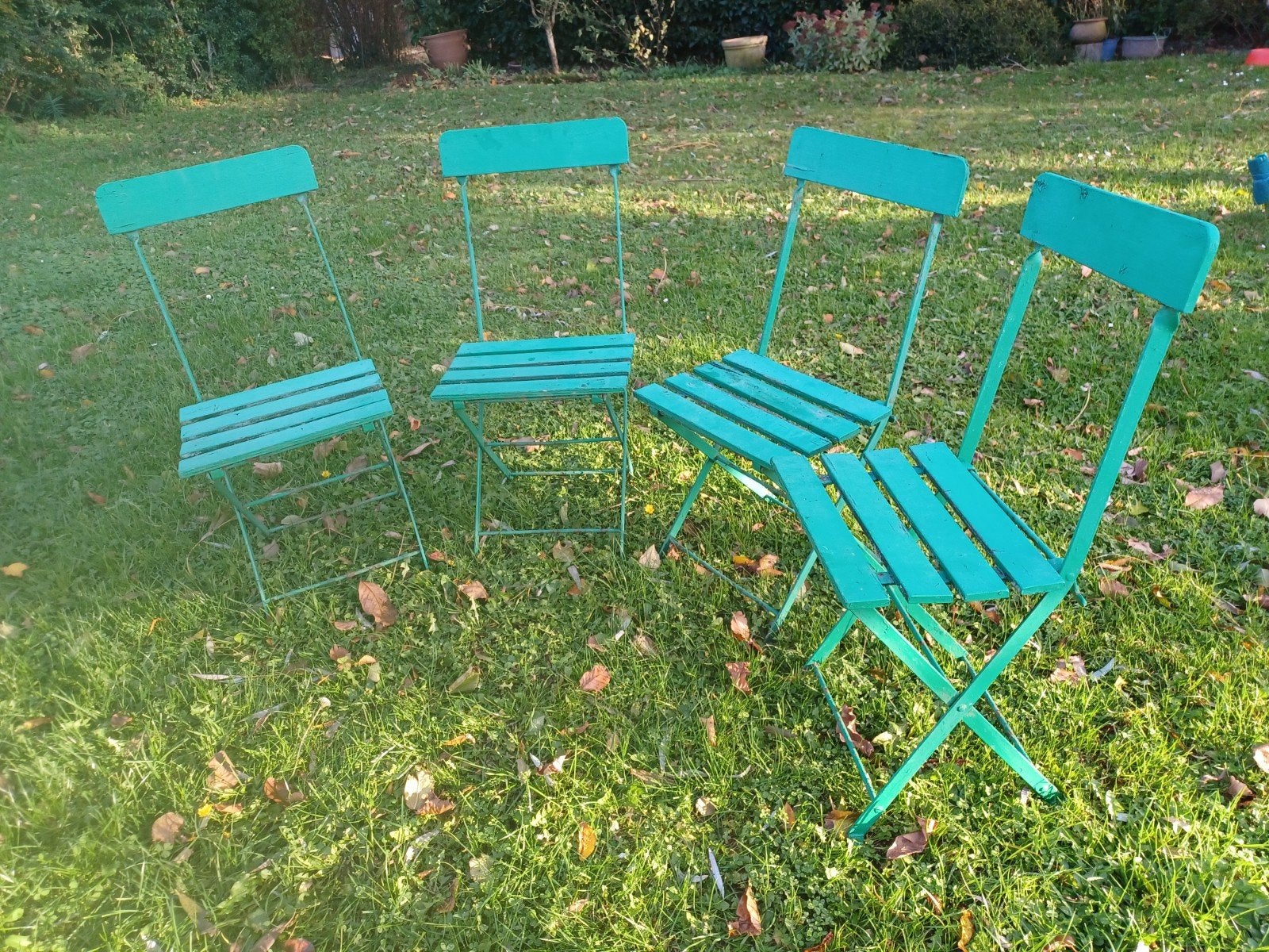 4 ijzeren plooistoeltje met houten zitting, Tuin en Terras, Ophalen, Gebruikt, Metaal, Inklapbaar