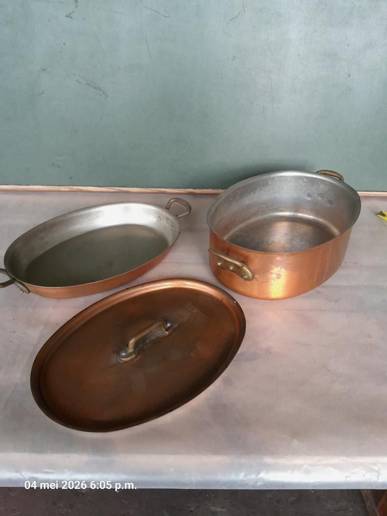 Ovale koperen pot, schaal en deksel Eenhoorn, Ophalen, Inox