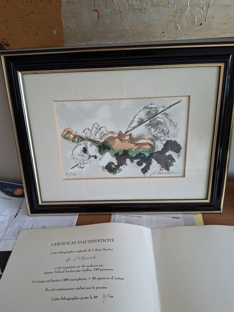 Lithographie originale "Le Violoniste "Urbain Huchet, Antiquités & Art, Art | Lithographies & Sérigraphies, Avec certificat d'authenticité