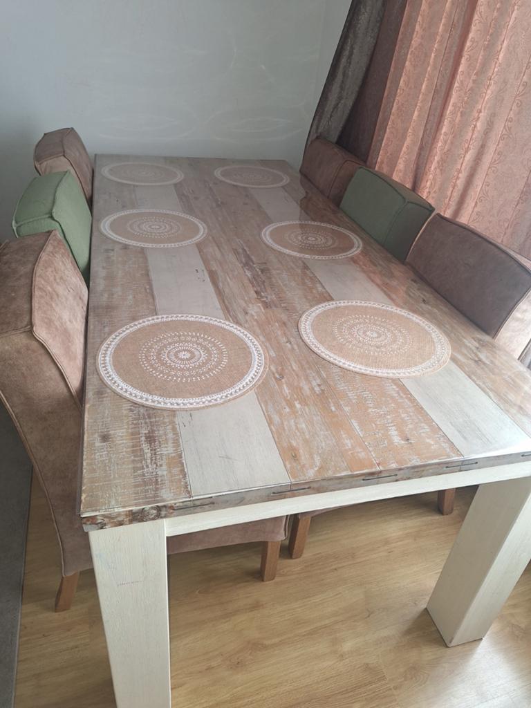 TABLE BASSE EN BOIS D'ACCACIA AVEC 6 CHAISES D'OCCASION, 100 à 150 cm, Enlèvement, Utilisé, Rectangulaire