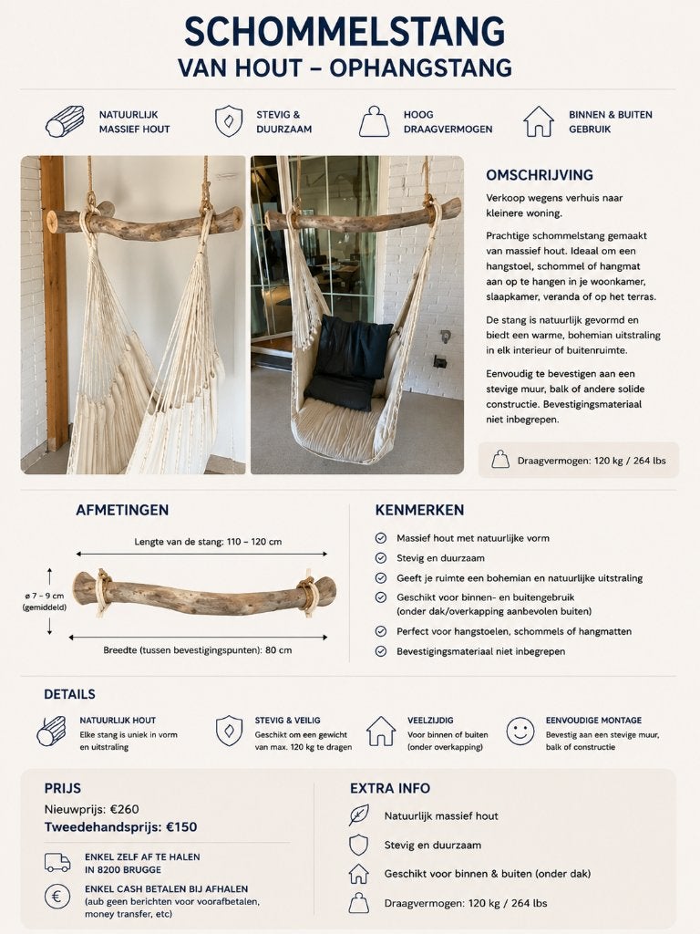 Schommelstoel met houten ophanglat, Ophalen, Hout, Wit, Eén