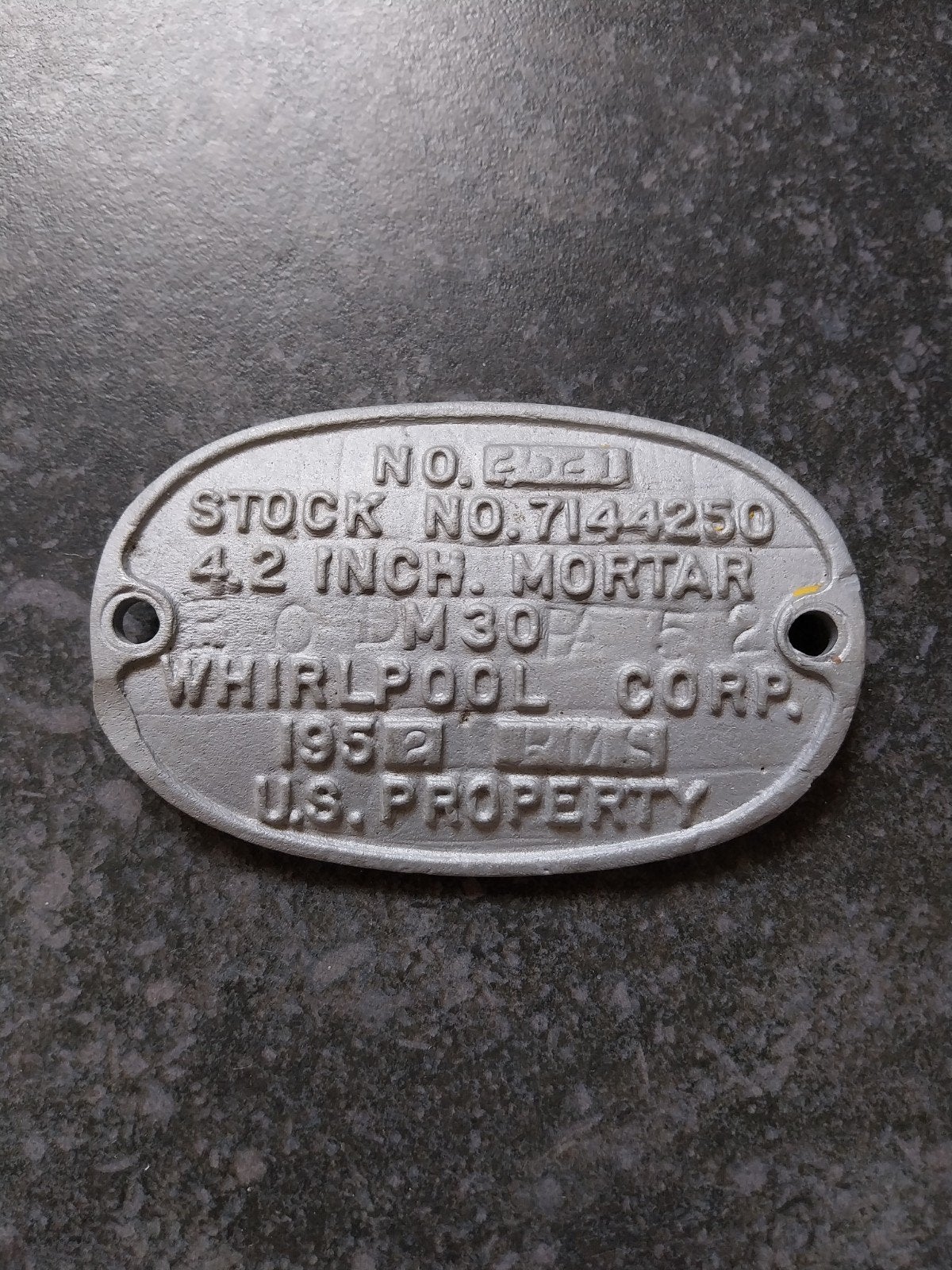 Plaque d'identification en mortier de 4,2 pouces US 1952 Vie, Enlèvement ou Envoi