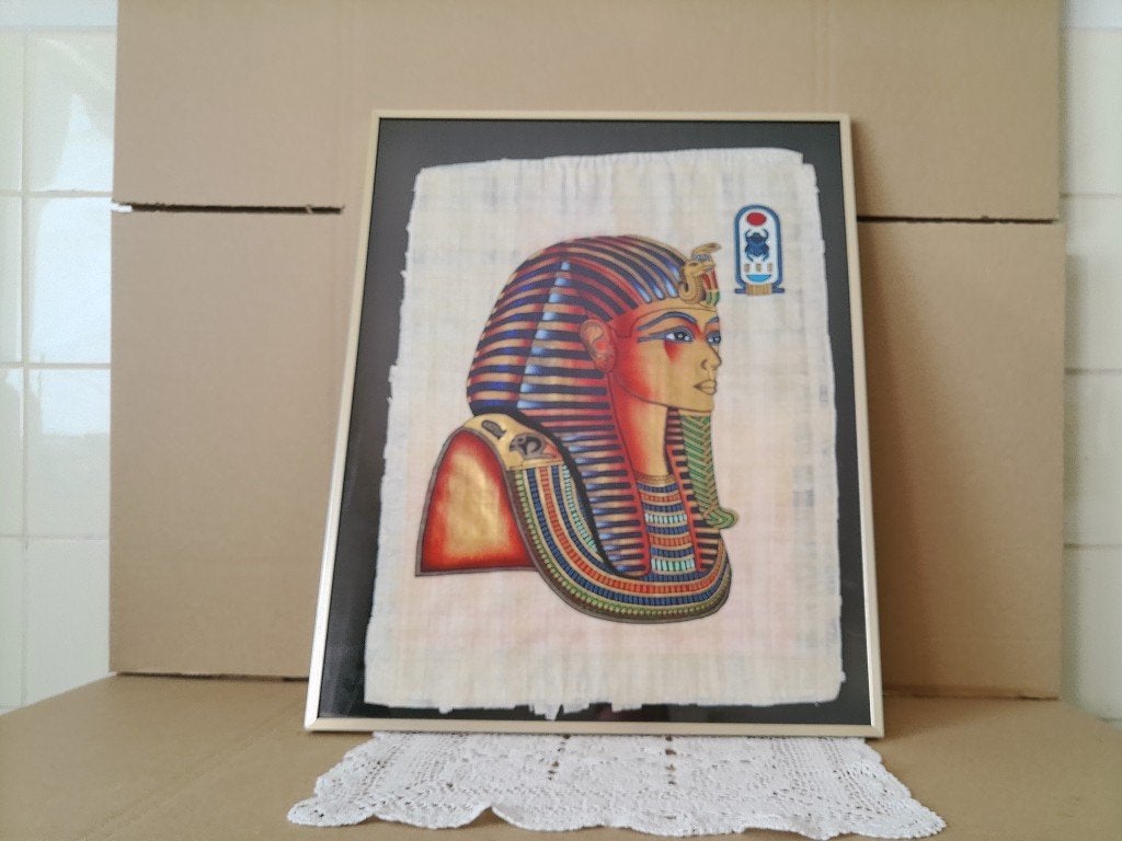 Vintage Egyptisch papyrus schilderij Toetanchamon 41x51cm, Ophalen of Verzenden