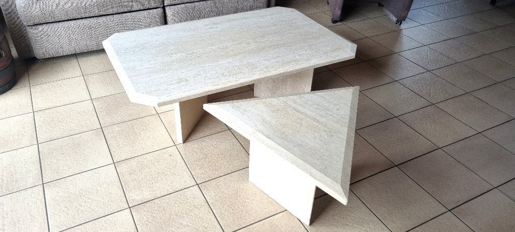 Beige travertin (steen) lage tafel en bijzet tafel, Jardin & Terrasse, Tables de jardin, Enlèvement, Utilisé, Rectangulaire, Autres matériaux