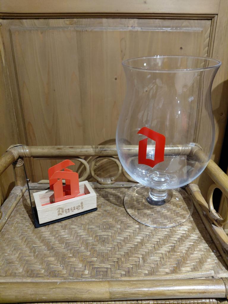 Duvel 3 liter glas + bierkaartjeshouder, Ophalen, Duvel