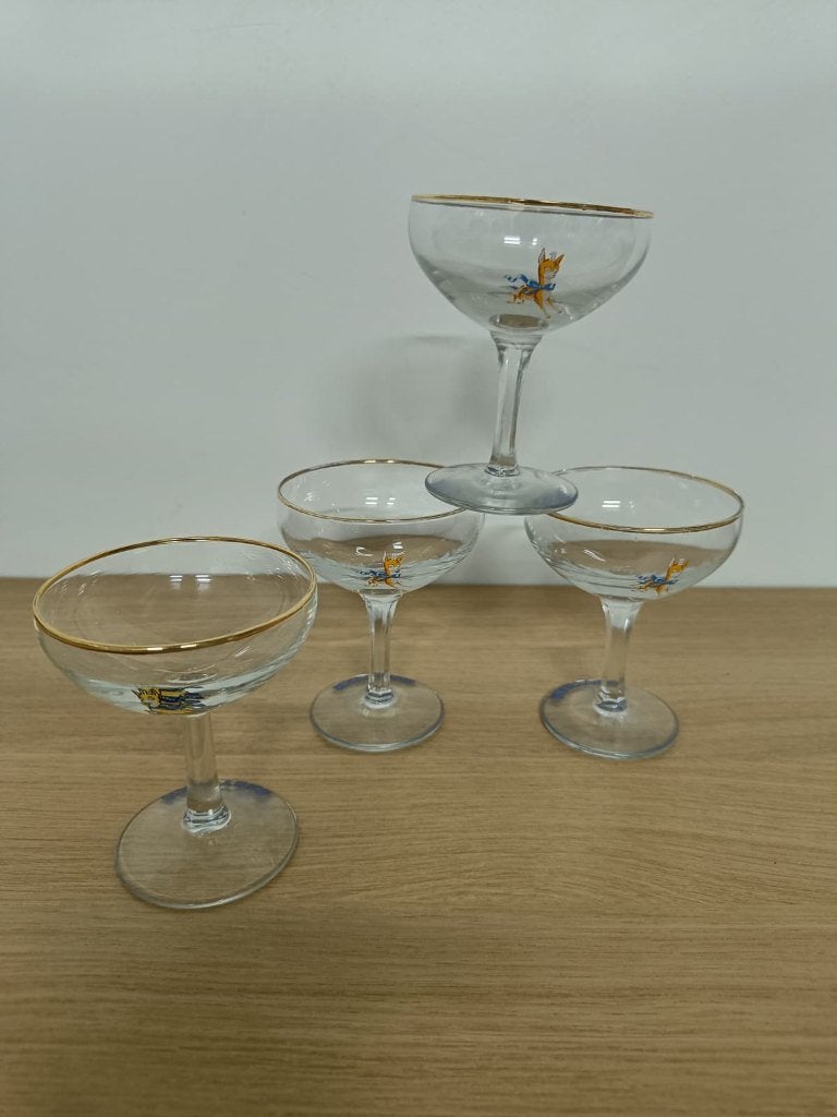 Lot vintage Babycham glazen, 4 stuks gouden rand en hertje, Antiek en Kunst, Ophalen