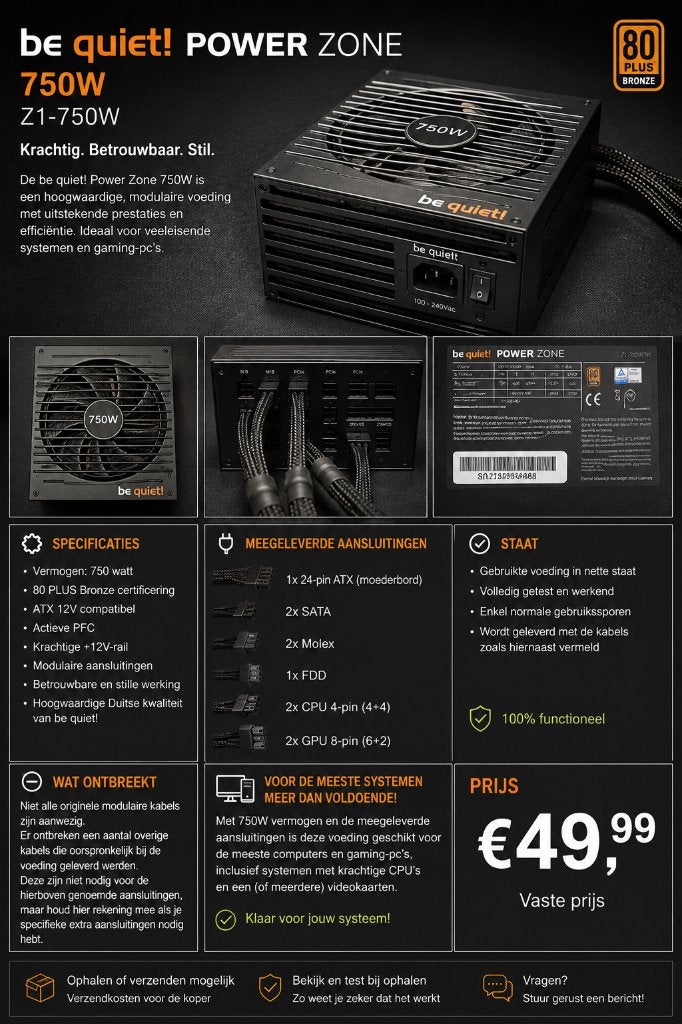 ⚡ be quiet! Power Zone 750W – krachtige modulaire voeding⚡, Informatique & Logiciels, Alimentations internes, Enlèvement ou Envoi