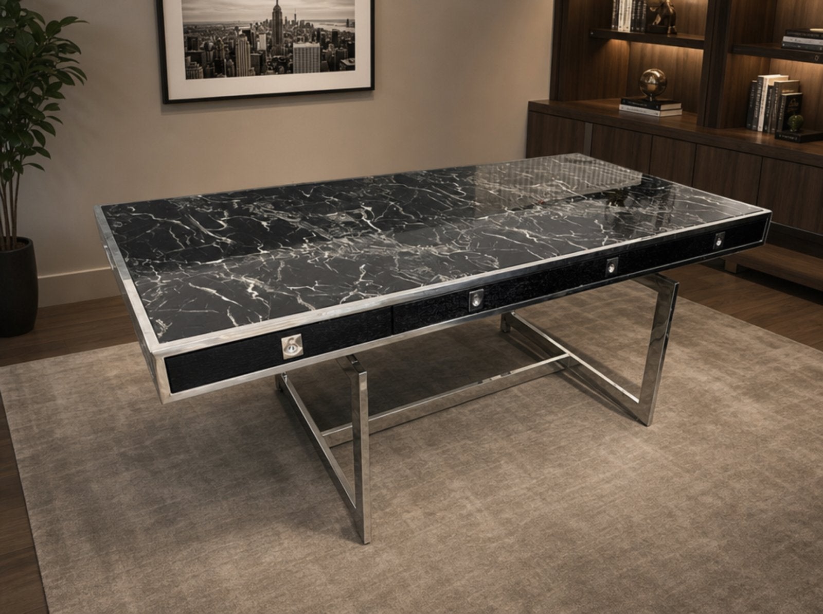 Bureau design luxe noir marbré 4 tiroirs style Contemporain, Maison & Meubles, Bureaux, Comme neuf, Moderne, Métal, Noir, Espace de rangement