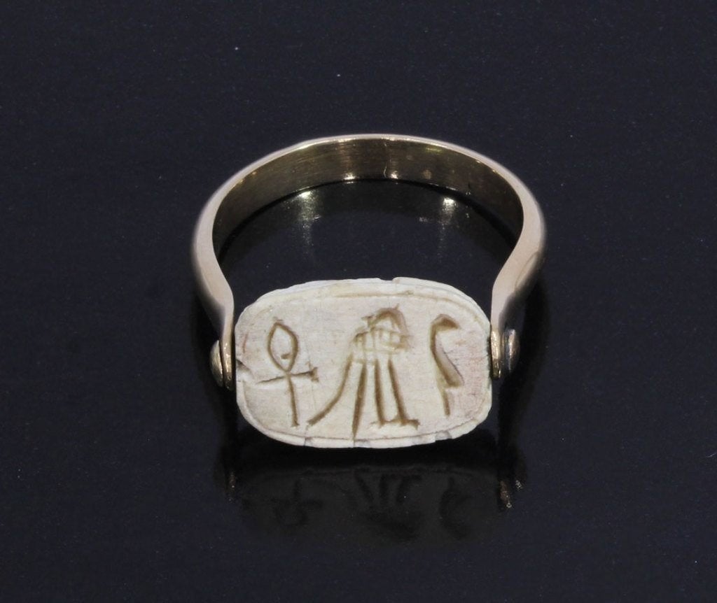 Scarabee 14k gouden vintage ring dames heren hieroglyf, Ophalen of Verzenden, Zo goed als nieuw, Dame of Heer, Met edelsteen