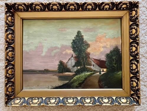 Klassiek landschap. Sfeervolle hoeve aan het water., Paneel, Bijzondere lijst, Ophalen of Verzenden, Landschap
