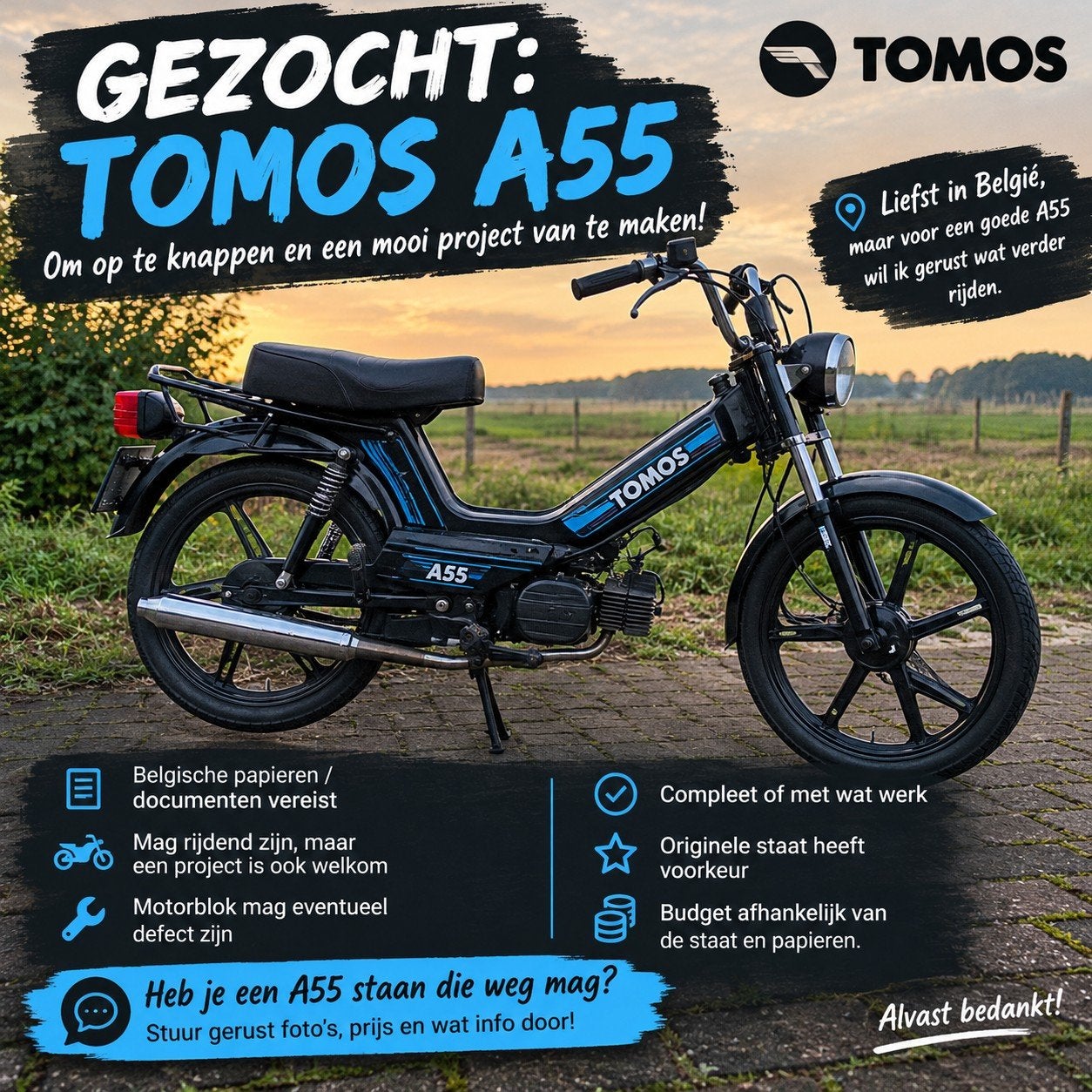 GEZOCHT: Tomos A55, Vélos & Vélomoteurs, Cyclomoteurs | Tomos, Enlèvement