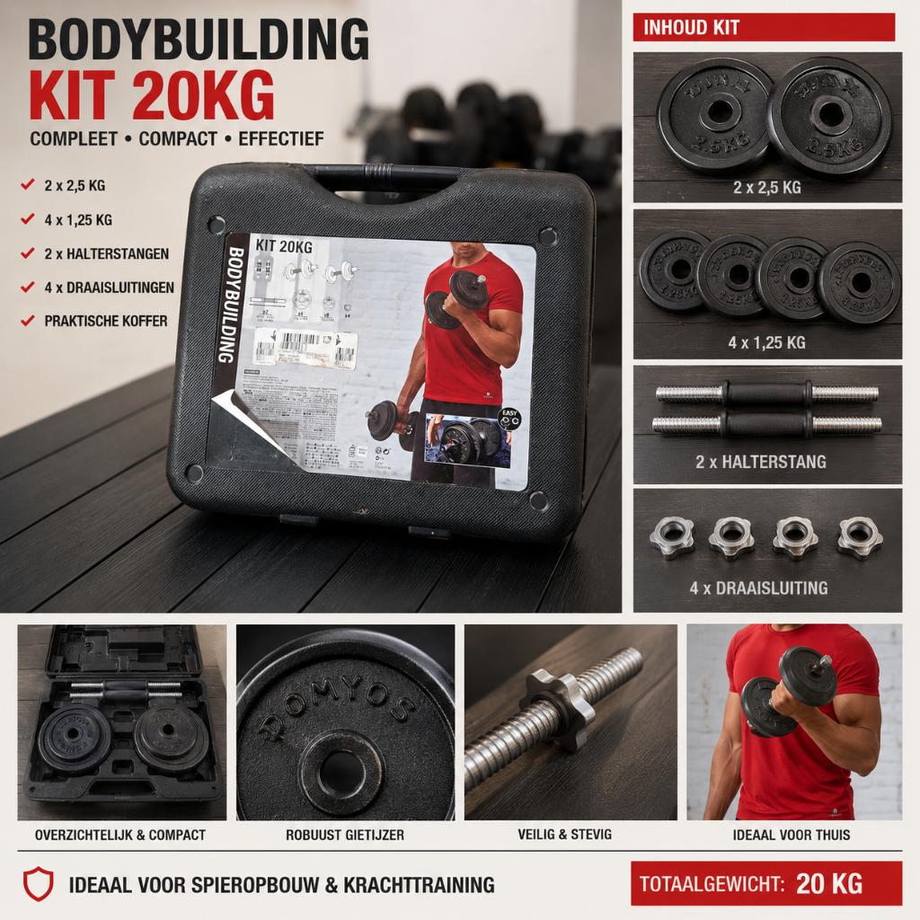 Bodybuilding Halterset 20KG in koffer – Domyos Decathlon, Sport en Fitness, Ophalen, Zo goed als nieuw, Halterset