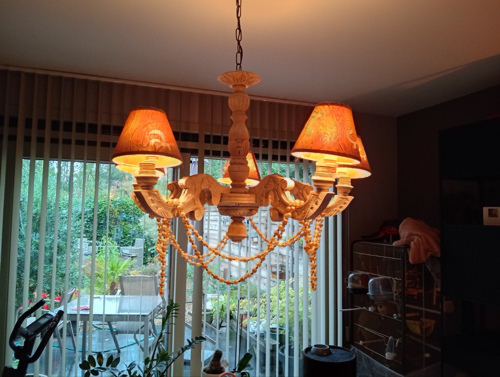vintage houten luster, Ophalen, Gebruikt, Hout, E14 (klein)