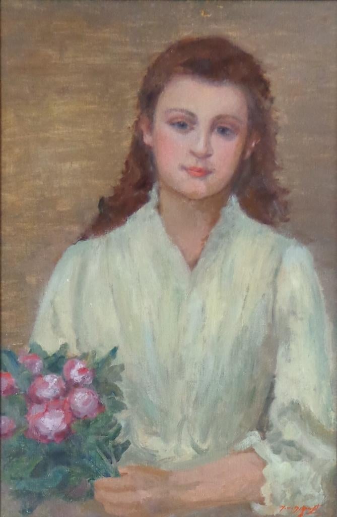 ONLEESBAAR / VROUW MET BLOEMEN / OLIEVERF / 67x47cm / KADER, Enlèvement ou Envoi, Signé, Peinture à l'huile, Fleurs