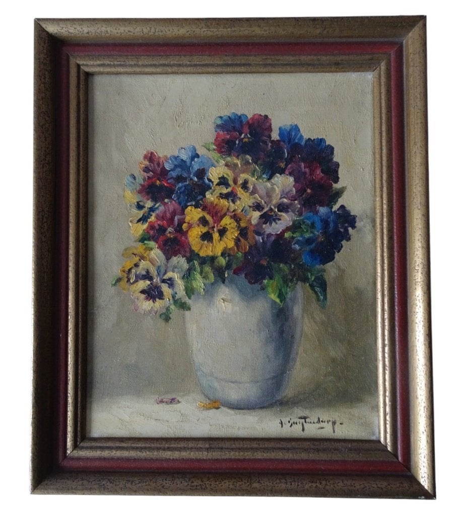 Veilinghuis Oranje - Peinture nature morte violettes, Antiquités & Art, Signé, Peinture à l'huile, Enlèvement, Toile