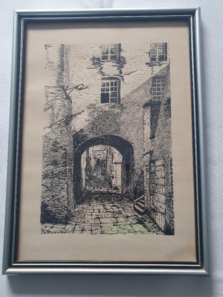De Boeck pentekening Mallorca, Ophalen, Achter glas, Tekening, Stads- / dorpsgezicht