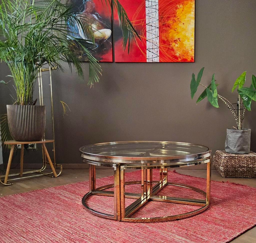 Retro ronde salontafel met nesttafeltjes, Enlèvement, Comme neuf