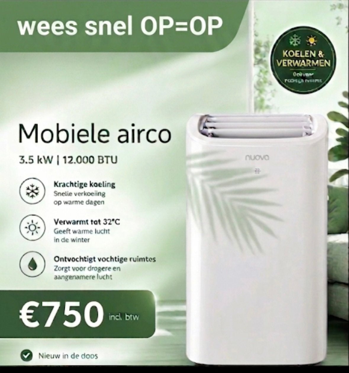 Nuova mobiele airco 12000btu 3.5kw, Ophalen, Koelen en Ontvochtigen, Timer, Nieuw
