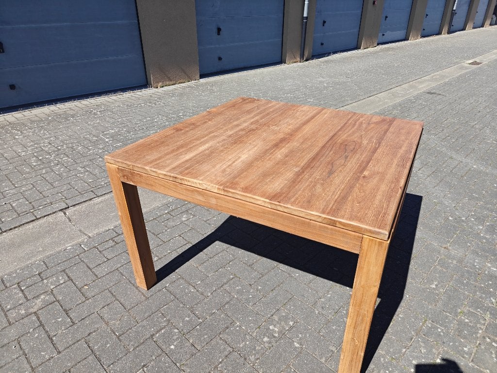 Stevige teakhouten binnentafel van 120 cm, Ophalen, Nieuw, Vijf personen of meer, Vierkant