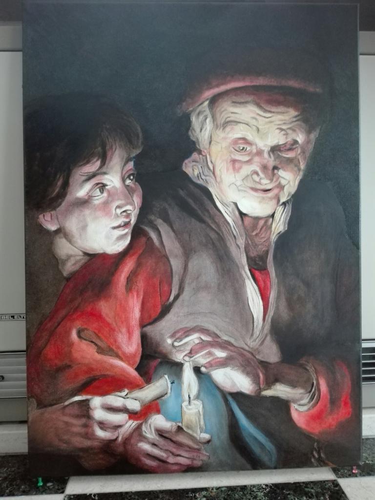 EIGEN OLIEVERFWERK oude vrouw met kaars en kind, Antiek en Kunst, Kunst | Schilderijen | Klassiek, Ophalen