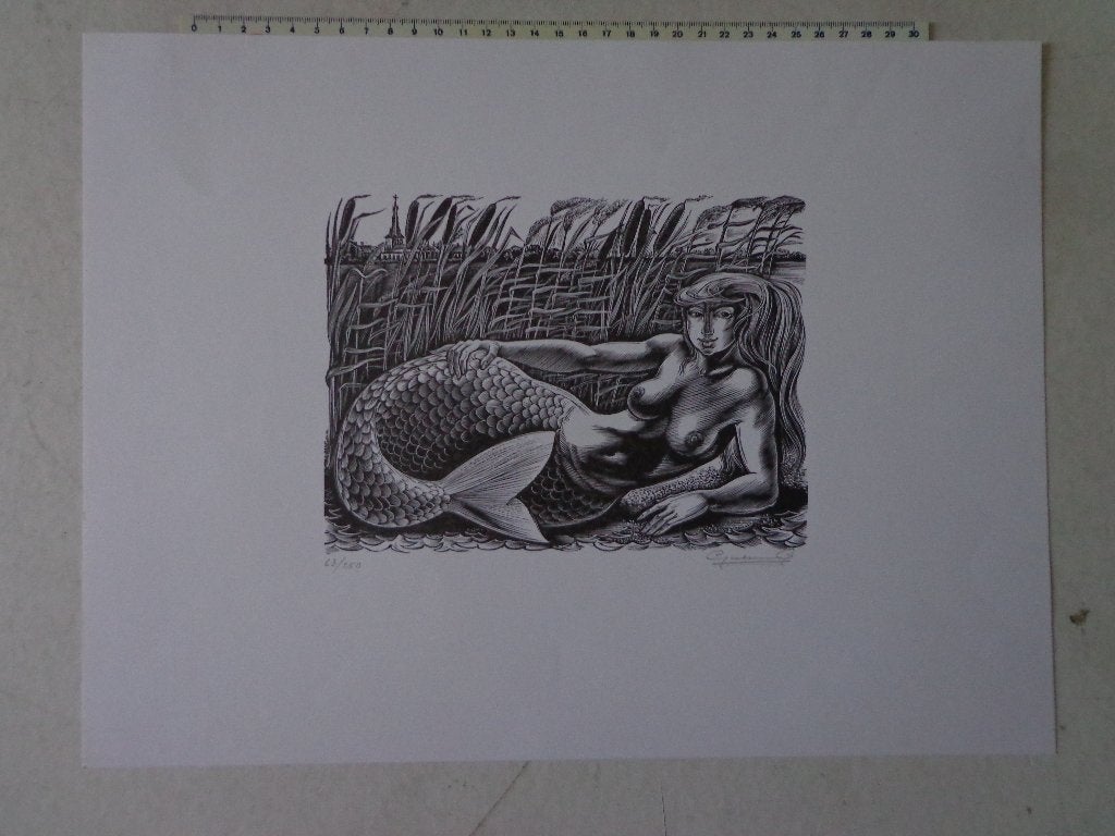 leuke linosnede van Gerard Gaudaen "Naakte zeemeermin", Antiek en Kunst, Ophalen of Verzenden, Houtsnede, Gesigneerd, 1950 - 1999