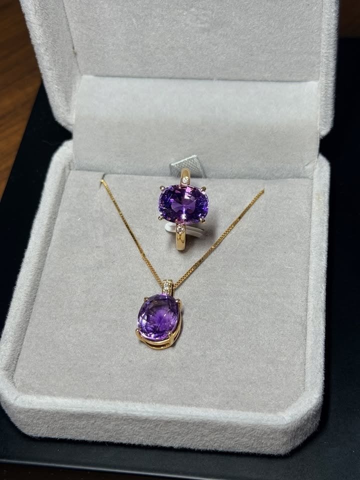 Bague&Pendentif OR18K Améthyste + Diamants + Certificat, Ophalen, Nieuw