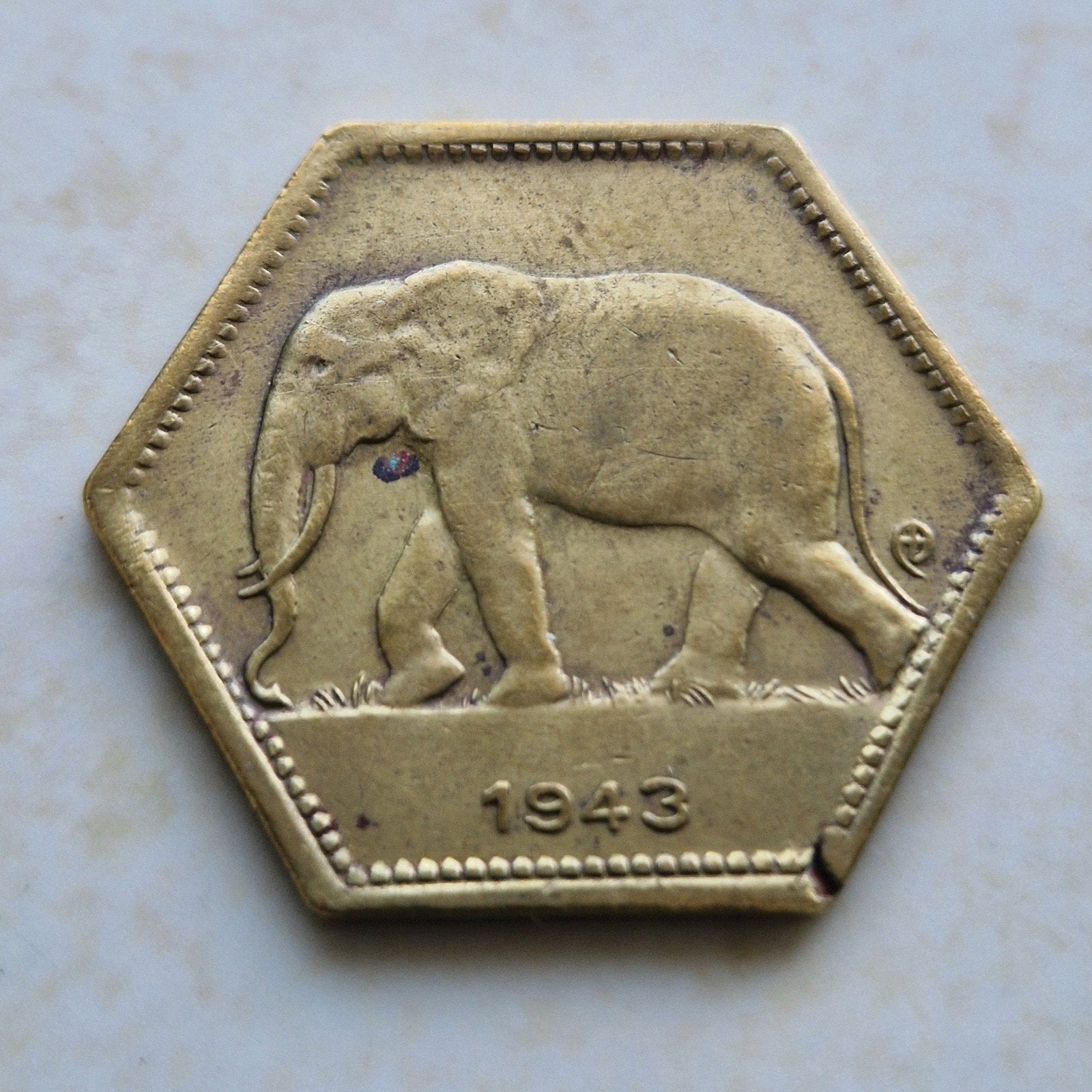 1943, Belgian Congo, 2 Francs Coin, Ophalen of Verzenden