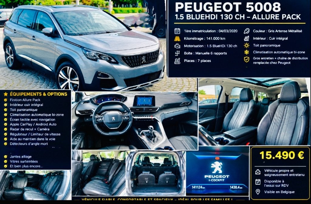 Peugeot 5008, Autos, Peugeot, Cuir, Argent ou Gris, Achat, 7 places