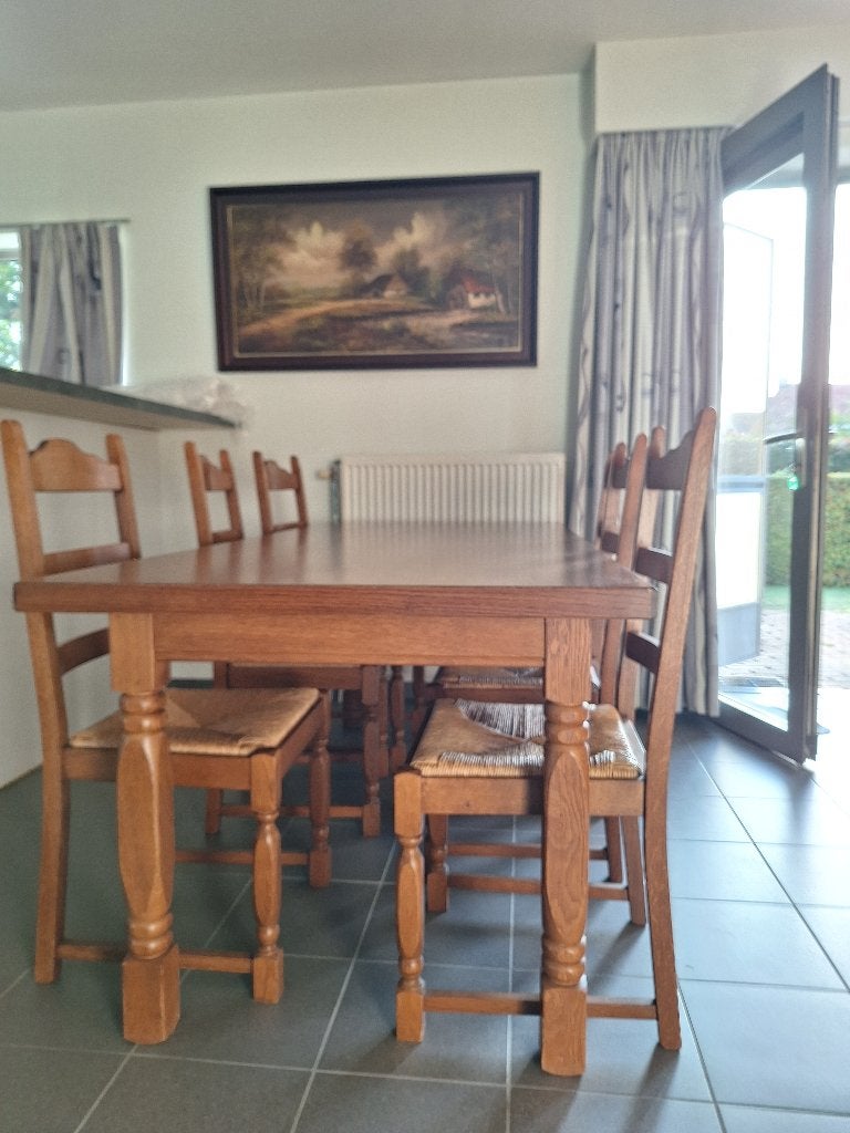eettafel in massief eik met 6 stoelen, Huis en Inrichting, Ophalen, Klassiek, Eikenhout, 200 cm of meer