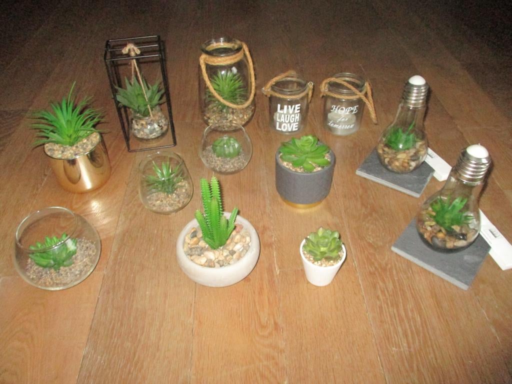 kunstplanten in potten bokalen lamp en theelicht, Ophalen of Verzenden, Gebruikt, Binnen