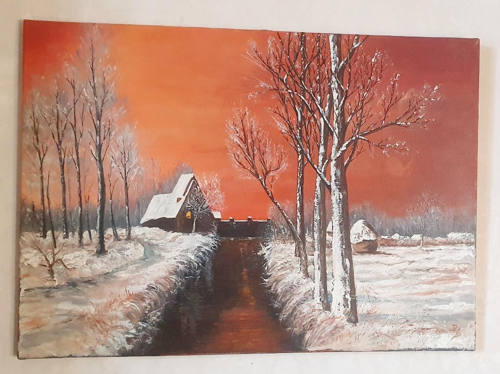 Olieverf schilderij winterlandschap, Antiek en Kunst, Ophalen of Verzenden