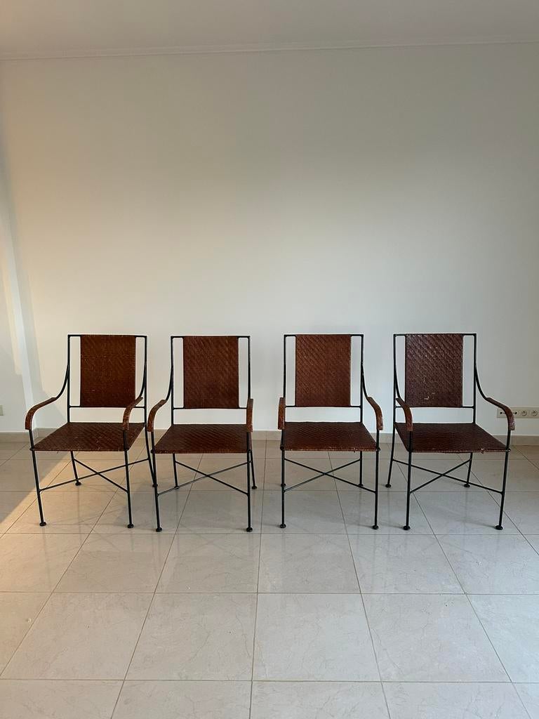 4 smeedijzeren stoelen met gevlochten bekleding, Huis en Inrichting, Stoelen, Ophalen, Gebruikt, Bruin, Klassiek