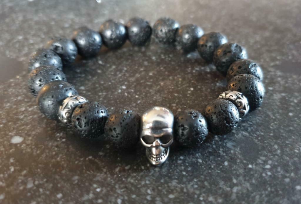 Armband voor mannen natuursteen (10 mm,12mm) met RVS schedel, Staal, Zwart, Nieuw, Ophalen of Verzenden