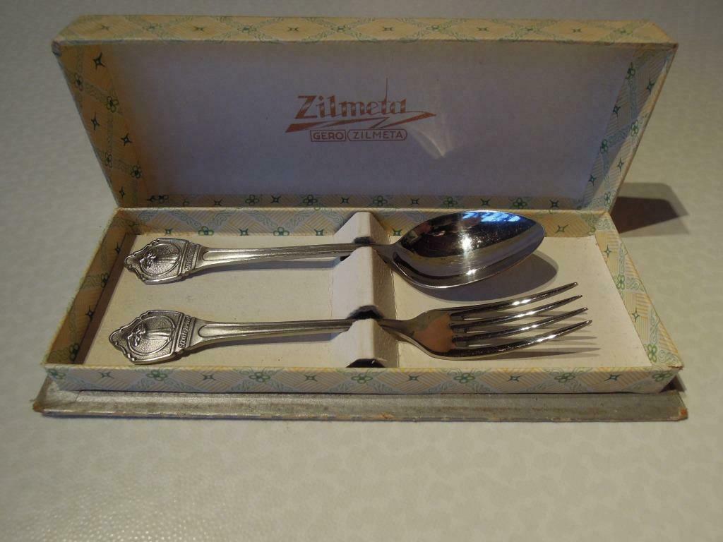 Nutricia kinderlepel en -vork Zilmeta in originele doos, Ophalen of Verzenden, Gebruikt, Zilver, Bestekset