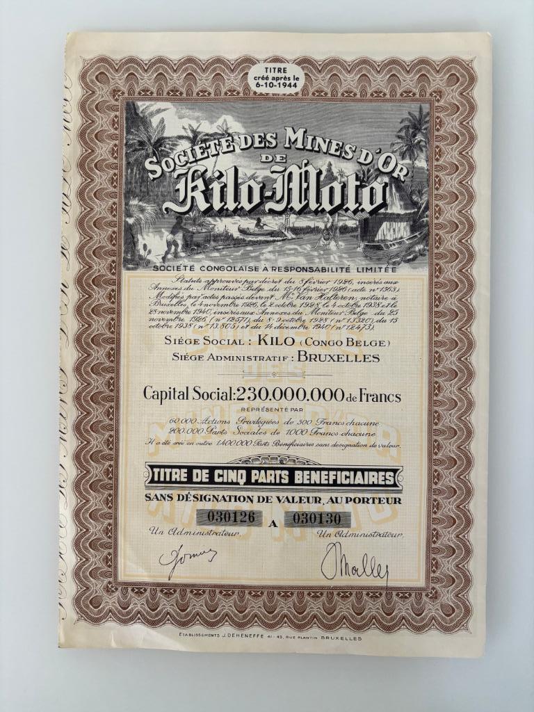 1 x 5 Aandeel Mines d'Or Kilo-Moto (Kilo Moto), Ophalen of Verzenden, 1920 tot 1950, Aandeel