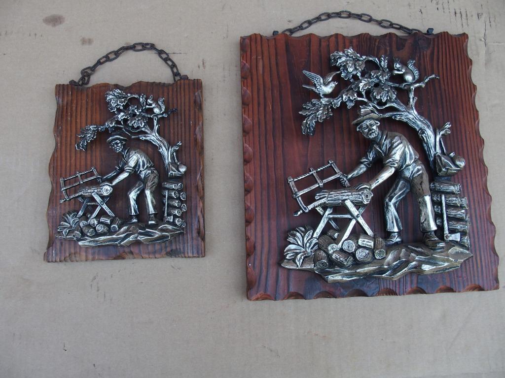 2 stuks , 3 D muurdecoratie van een houthakker  , kader, Enlèvement ou Envoi