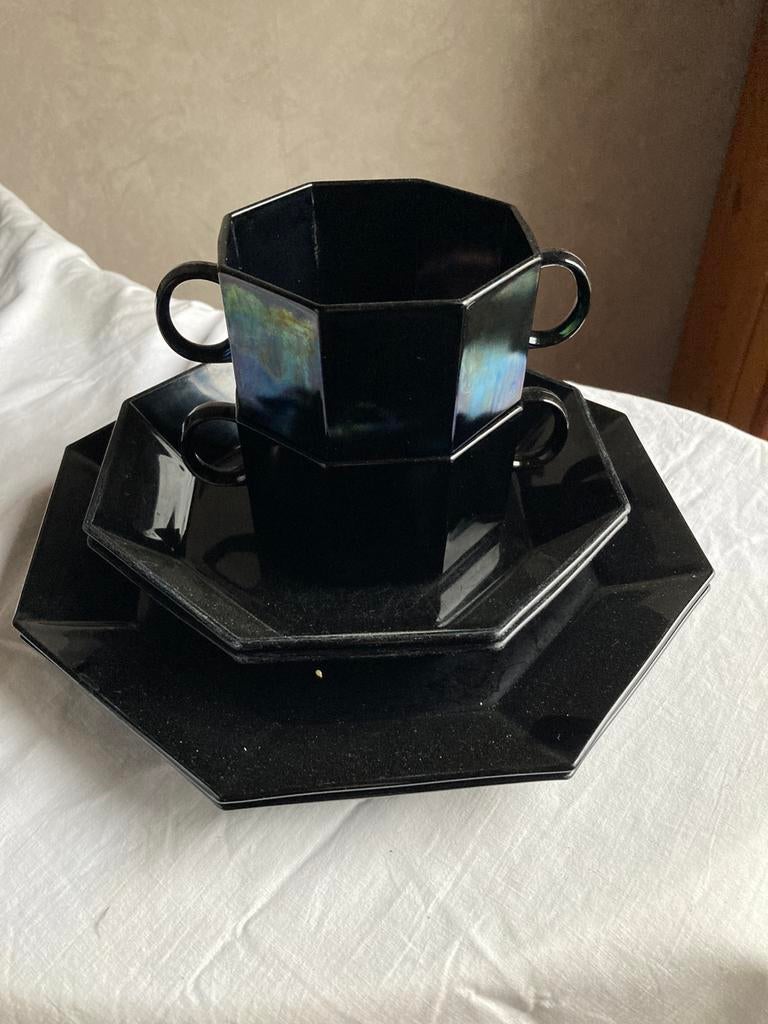 Zwart 8hoekig servies voor 2 personen, Enlèvement, Utilisé, Poterie, Service complet
