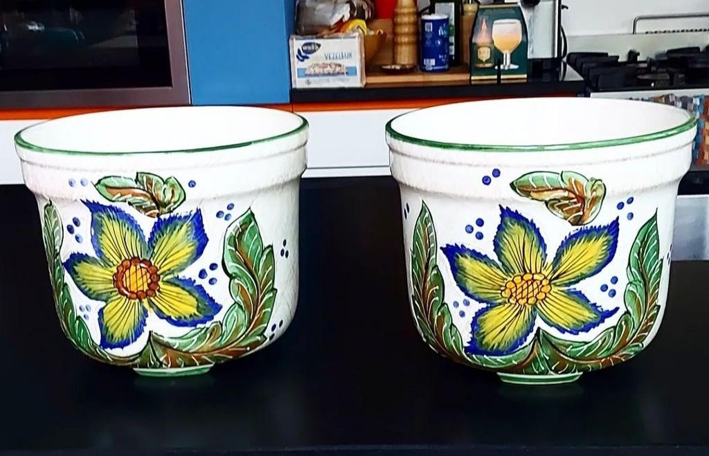 Grands pots de fleurs vintage en céramique peinte à la main, Enlèvement ou Envoi