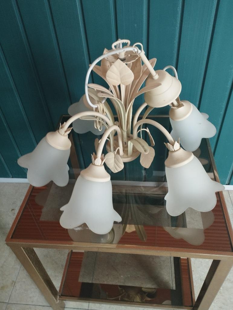 Beige ijzeren hangluster hoogte +- 50 cm 6 lampen, Ophalen, Gebruikt, Glas, 75 cm of meer