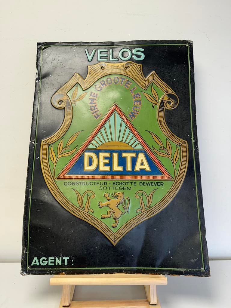 DELTA fietsen oud reclamebord 1934, Ophalen of Verzenden, Gebruikt, Reclamebord