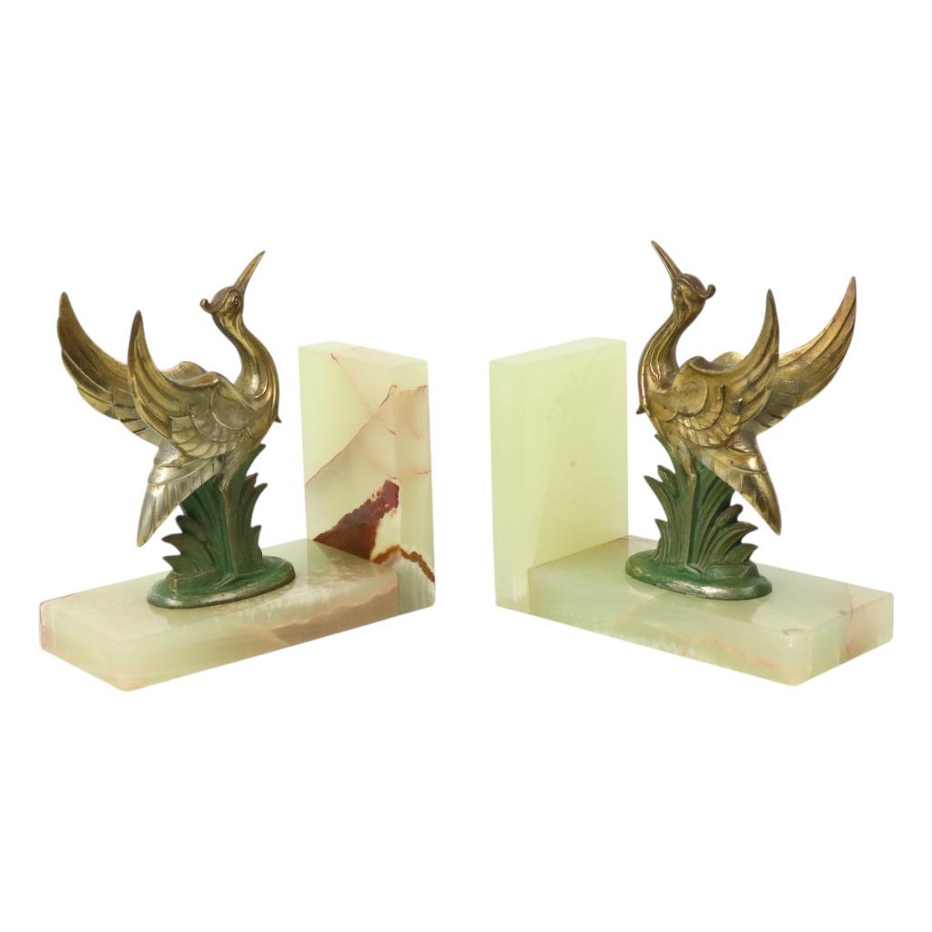 Franse Art Deco Vogel Boekensteunen Albast Natuursteen 1930s, Antiek en Kunst, Ophalen of Verzenden
