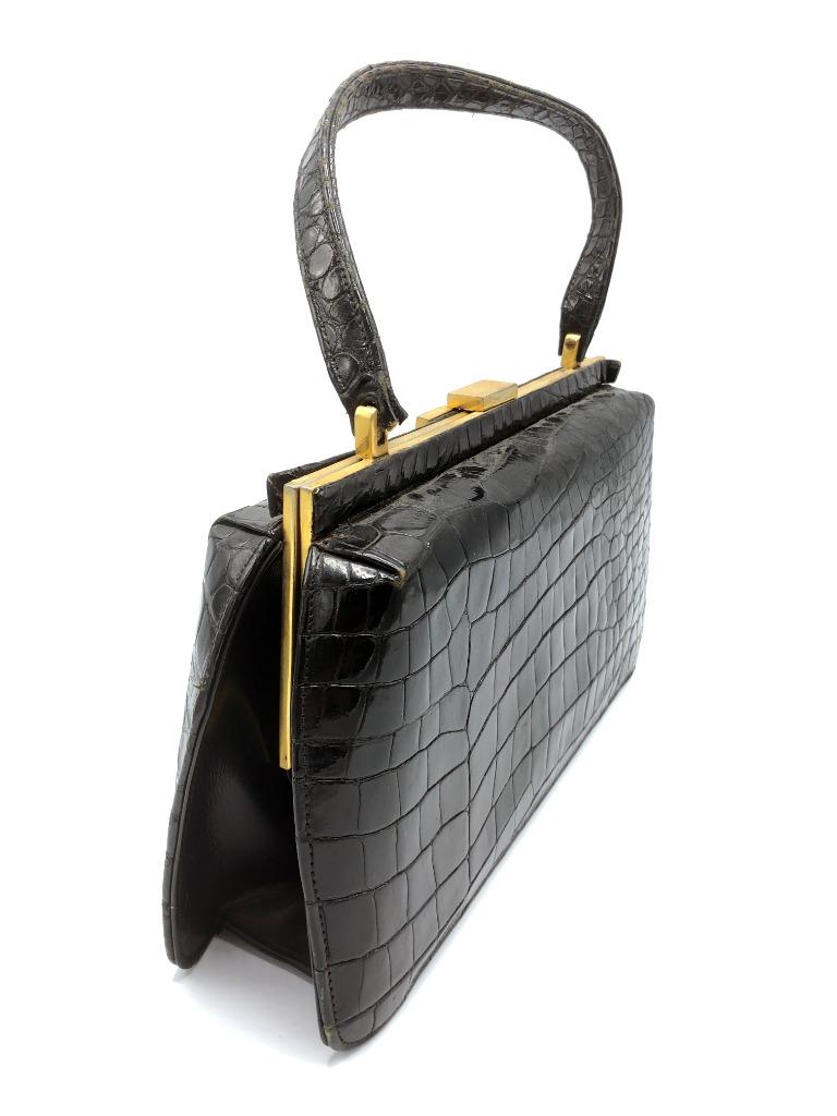 Croco lederen handtas / Vintage / Jaren 1950 - 1960, Ophalen of Verzenden, Gebruikt, Zwart, Handtas