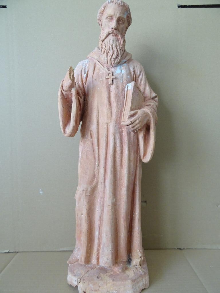 Antiek beeld Heilige Benedictus ? 54cm chamotte klei 1900, Antiek en Kunst, Ophalen of Verzenden