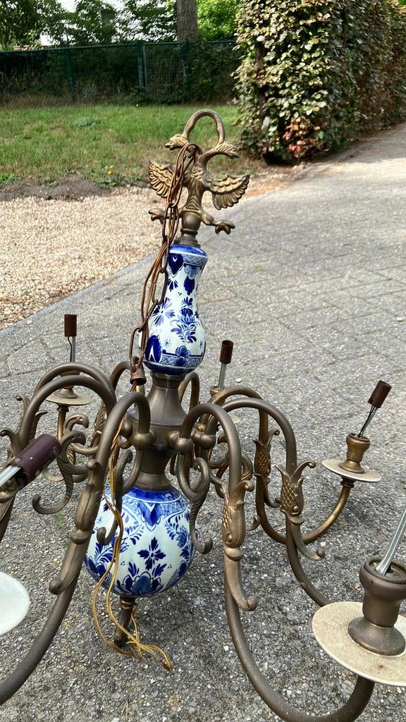 Kroonluchter messing en Delfts blauw + 2 wandlampen, Ophalen, Gebruikt